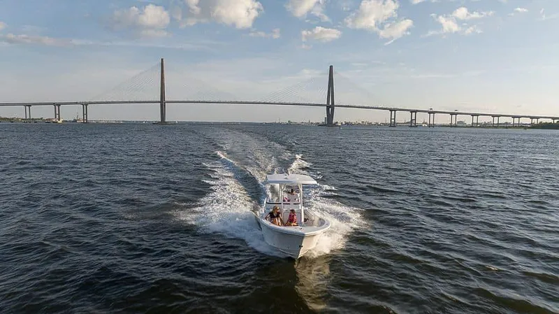 Slide: The Image of 2025 Sea Fox 248 Side Console boat cruising under a bridge on a sunny day. - 3