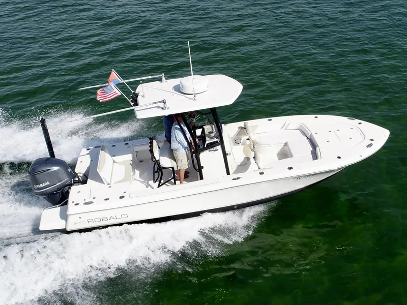 The Image of 2018 Robalo 246 Cayman boat cruising on open water with American flag. - 0