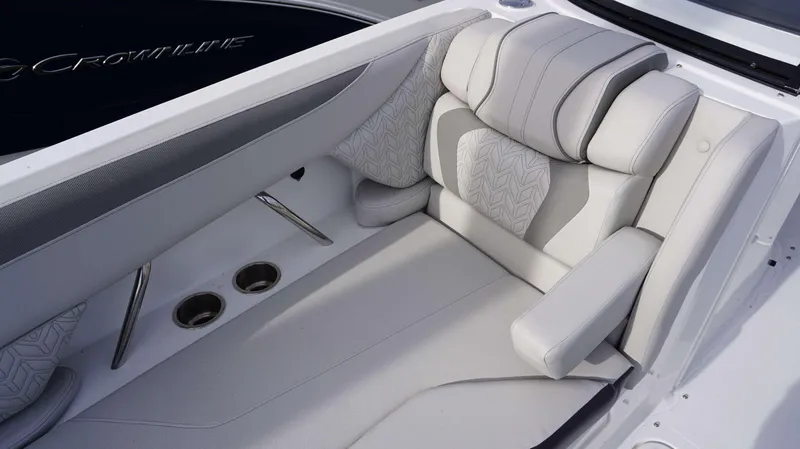 Slide: The Image of Luxurious seating on the 2024 Hurricane 2600 SD boat with cup holders and stylish upholstery. - 18