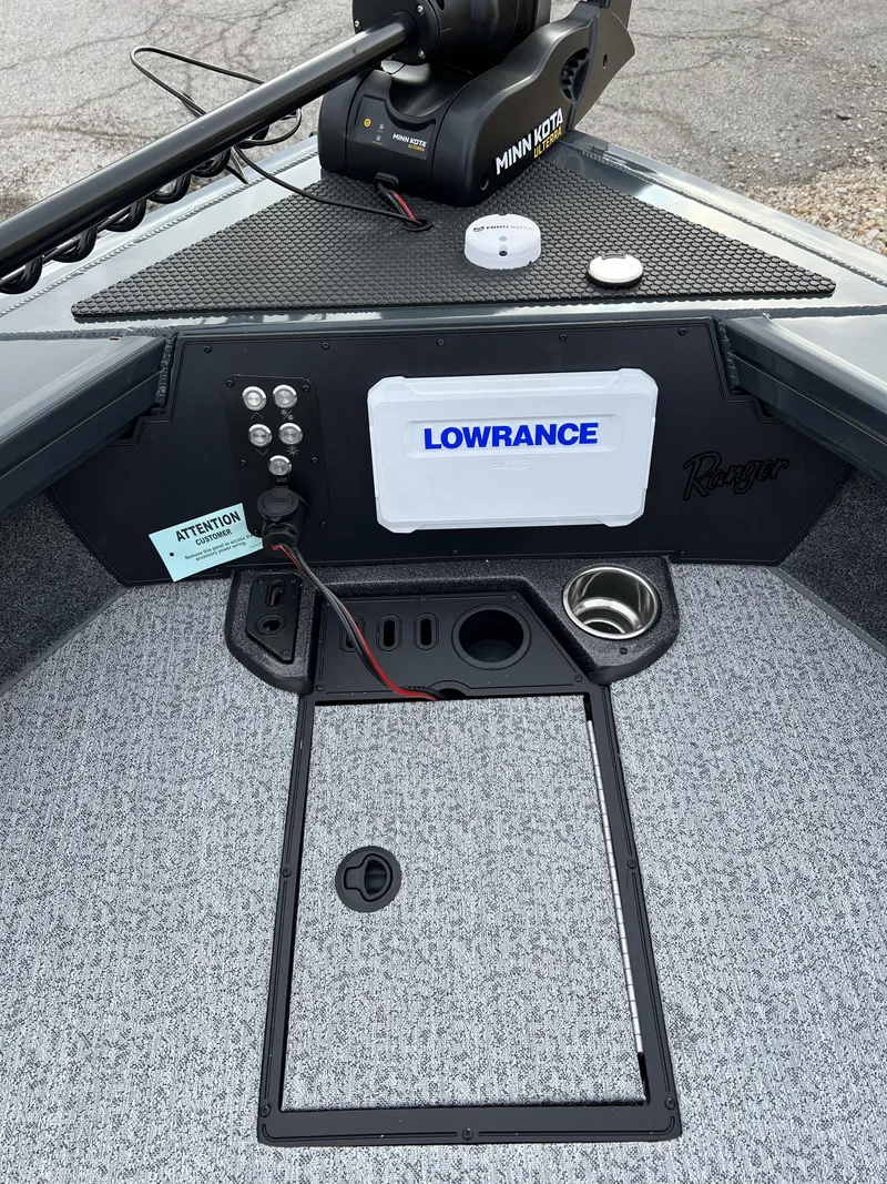 Slide: The Image of 2024 Ranger VX1788 WT boat console with Lowrance electronics and Minn Kota trolling motor. - 10