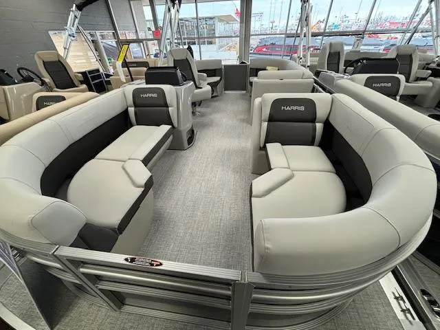 Slide: The Image of 2024 Harris CRUISER 190 CW pontoon boat interior with spacious seating. - 3