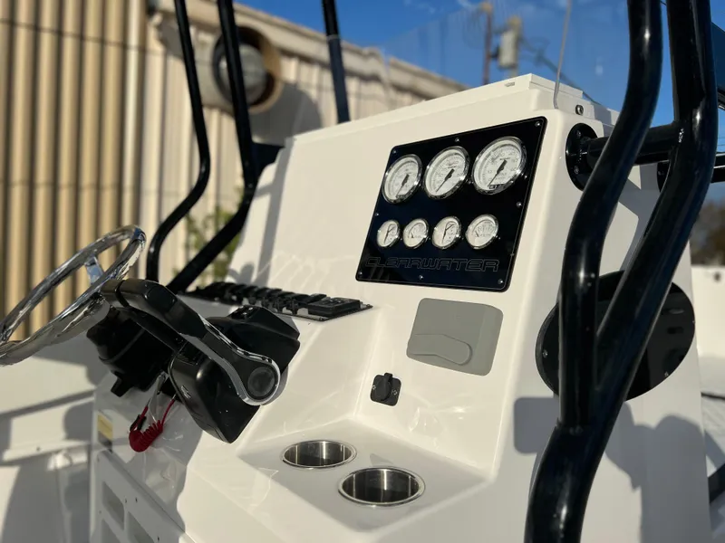 Slide: The Image of Clearwater 2300 boat console, 2022 model, featuring gauges and controls. - 6