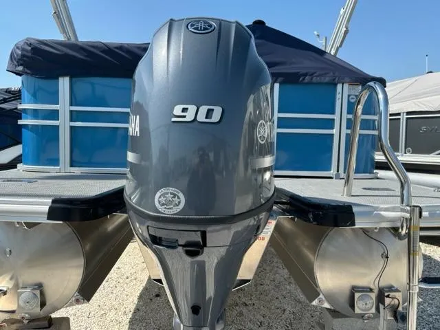Slide: The Image of 2024 Sylvan Mirage 8520 Cruise with Yamaha 90 outboard motor, rear view. - 3
