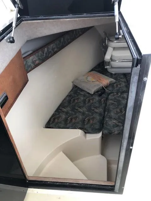 Slide: The Image of 2003 Carolina Classic 25 I/O cabin interior with patterned cushions and compact design. - 29