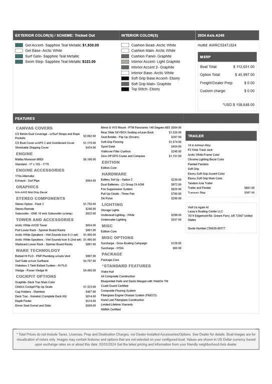 Slide: The Image of 2024 Axis A245 boat specifications and features sheet with pricing and options. - 24