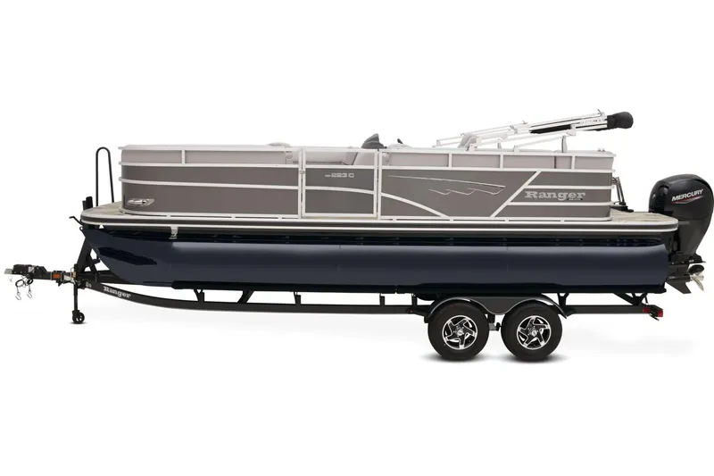 Slide: The Image of 2024 Ranger Reata 223C pontoon boat on a trailer. - 12