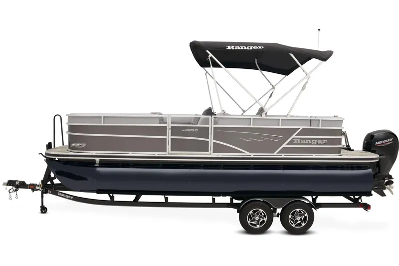 Slide: The Image of 2024 Ranger Reata 223C pontoon boat on trailer with canopy. - 14