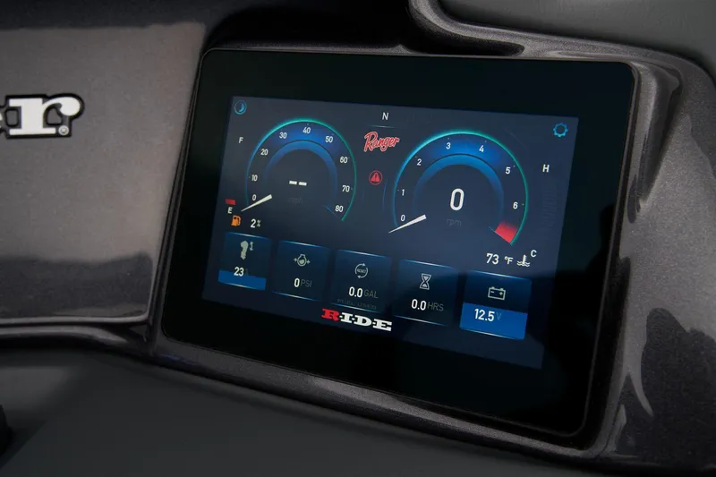 Slide: The Image of 2024 Ranger Reata 223C digital dashboard display showing speed, temperature, and other metrics. - 47