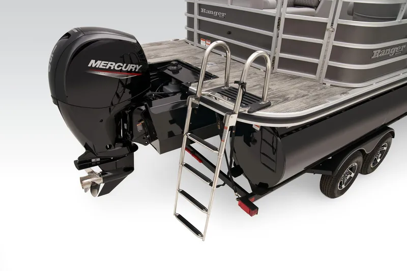 Slide: The Image of 2024 Ranger Reata 223C boat with Mercury outboard motor and boarding ladder. - 55