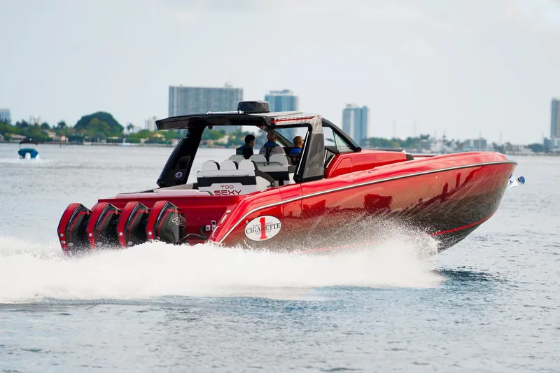 Slide: The Image of 2025 Cigarette 42 Auroris speedboat with quad engines cruising on water. - 8