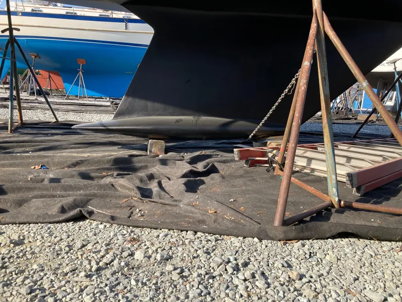 Slide: The Image of Baltic 42 sailboat keel on dry dock, supported by stands, 1977 model. - 27