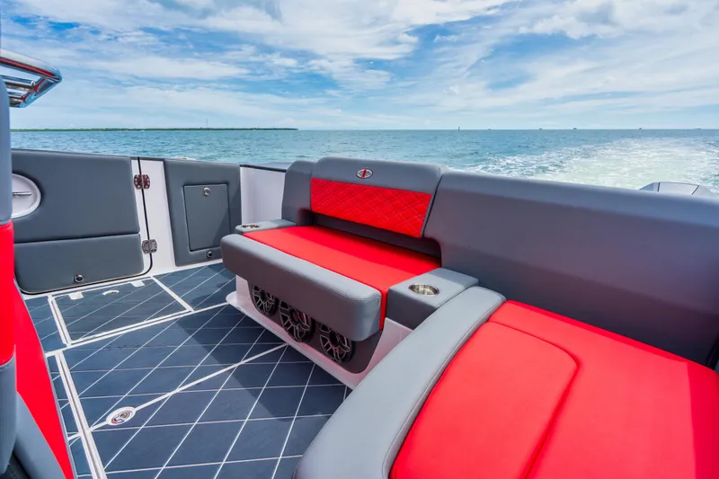 Slide: The Image of Luxury seating on the 2025 Cigarette 42 Nighteagle boat with ocean view. - 26