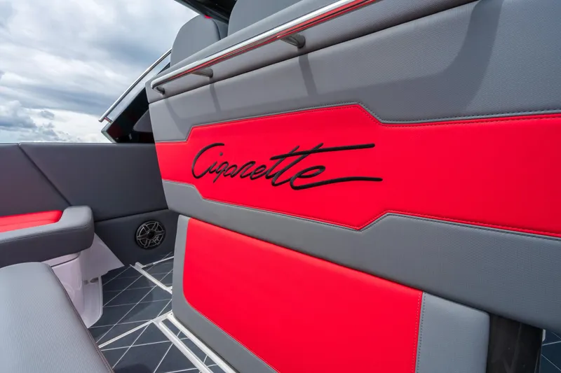 Slide: The Image of 2025 Cigarette 42 Nighteagle boat interior with red and gray seating. - 29