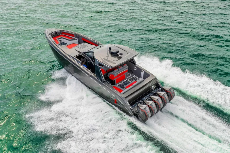 Slide: The Image of 2025 Cigarette 42 Nighteagle speedboat cruising on open water. - 3