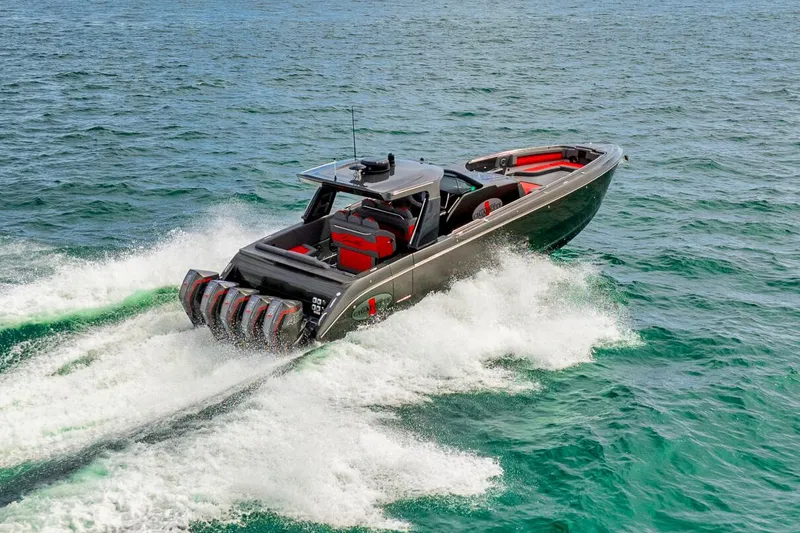 Slide: The Image of 2025 Cigarette 42 Nighteagle speedboat cruising on open water. - 4