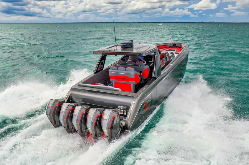 Slide: The Image of 2025 Cigarette 42 Nighteagle speedboat cruising on open water. - 7