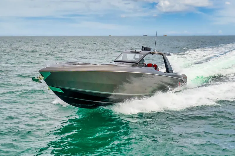 Slide: The Image of 2025 Cigarette 42 Nighteagle speedboat cruising on open water. - 8