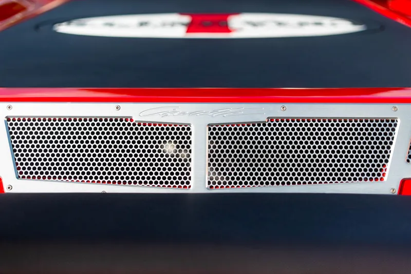 Slide: The Image of Close-up of 2025 Cigarette 42X boat grille with red and black detailing. - 16