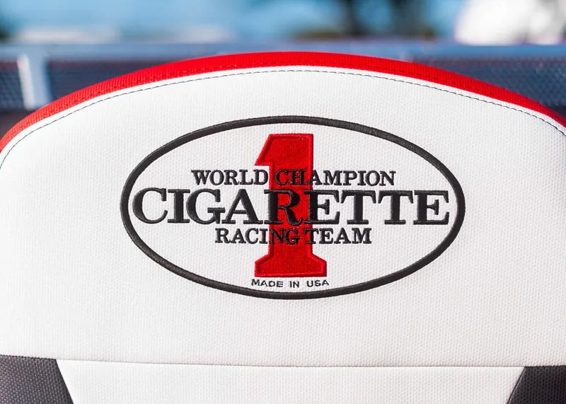 Slide: The Image of 2025 Cigarette 42X World Champion Racing Team logo on boat seat. - 21