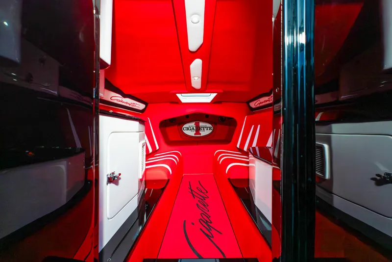 Slide: The Image of Interior of 2025 Cigarette 42X boat with red and white design. - 30