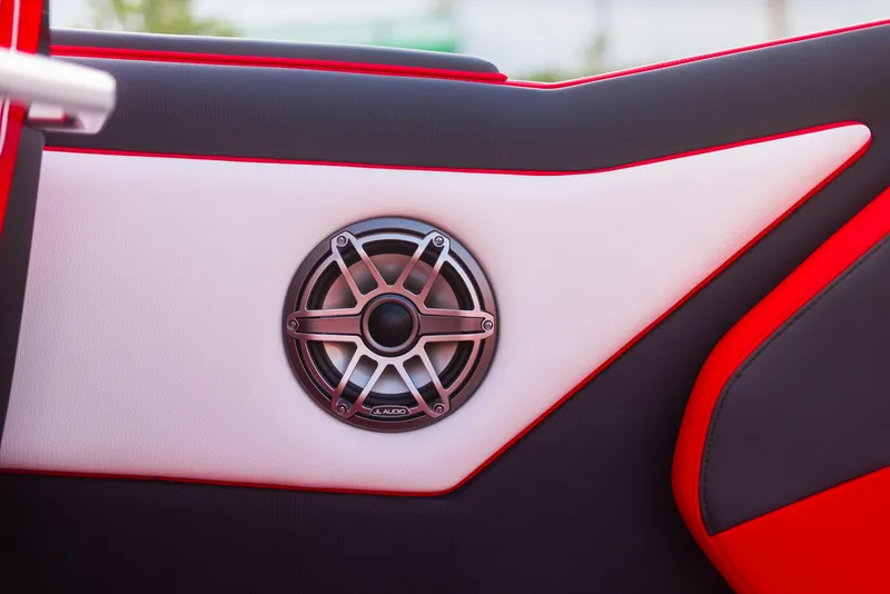 Slide: The Image of Interior speaker detail of 2025 Cigarette 42X boat with red and white upholstery. - 40