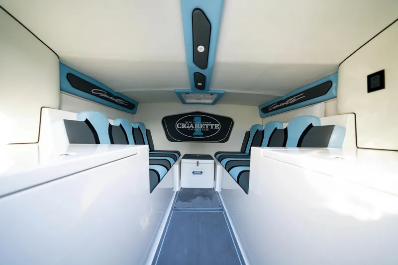 Slide: The Image of Interior of 2025 Cigarette 515 boat with modern seating and sleek design. - 29