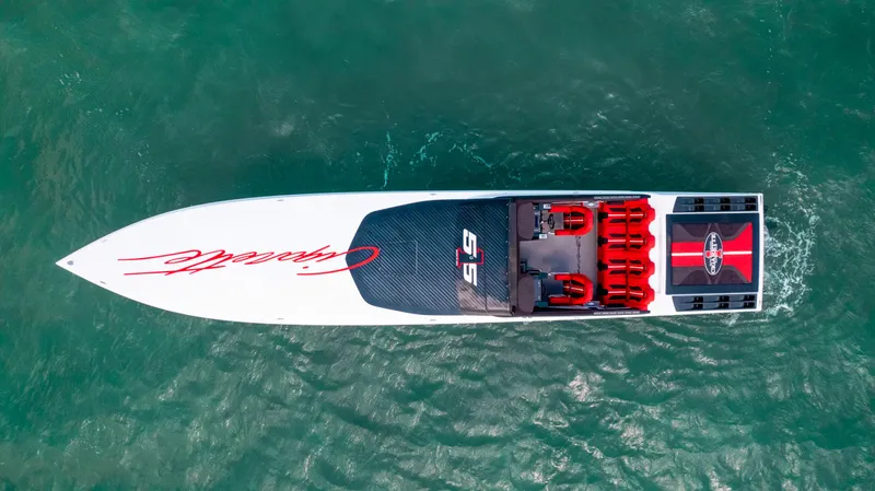 Slide: The Image of Top view of 2025 Cigarette 515 speedboat on water. - 3