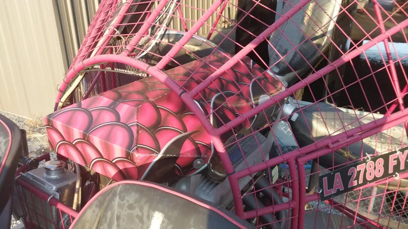 Slide: The Image of 2010 Airboat 18x8 with pink spider web design and protective cage. - 9
