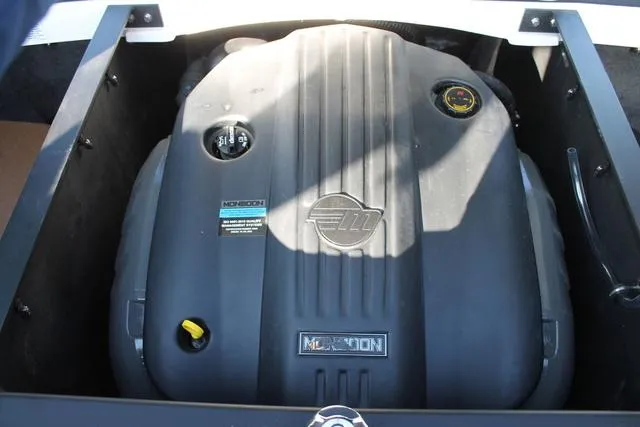 Slide: The Image of 2024 Malibu 20 VTX engine compartment showcasing Monsoon engine. - 13