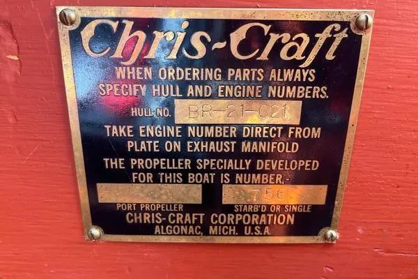 Slide: The Image of 1955 Chris-Craft Cobra 21 identification plate with hull and engine details. - 13