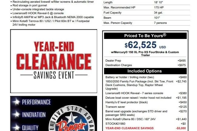 Slide: The Image of 2024 Ranger 1850MS boat advertisement with specifications, pricing, and year-end clearance event details. - 36