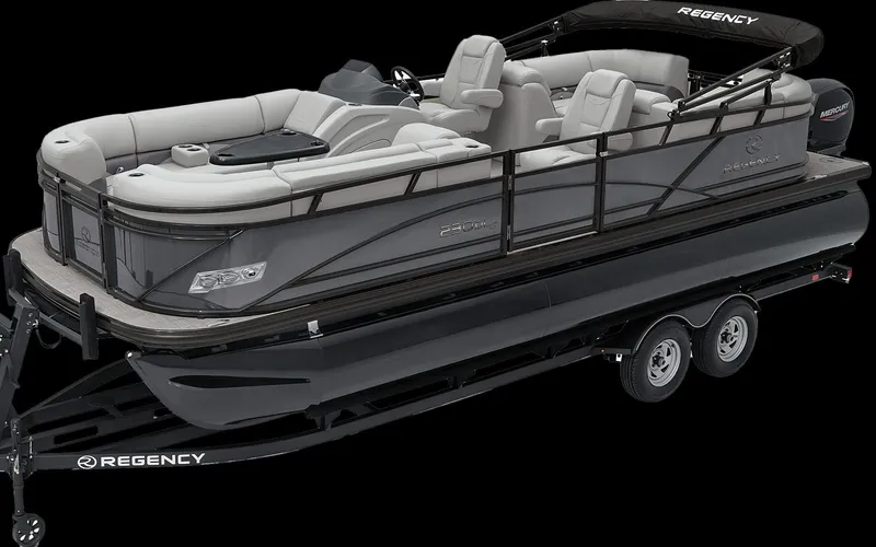 Slide: The Image of 2024 Regency 230 DL3 pontoon boat with luxurious seating and sleek design. - 4