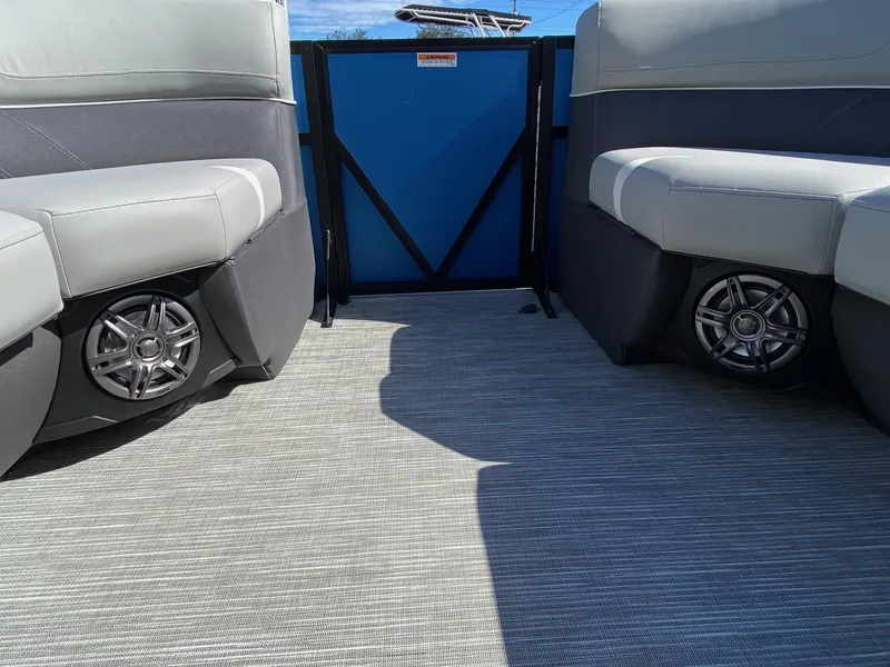 Slide: The Image of Interior of 2024 Viaggio Lago 20C boat with cushioned seating and built-in speakers. - 33