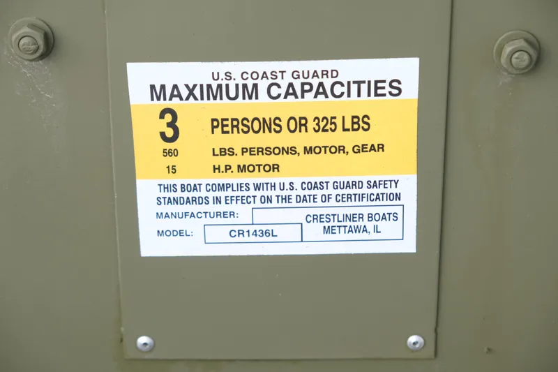 Slide: The Image of Capacity label on 2024 Crestliner 1436L CR Jon boat, showing maximum 3 persons or 325 lbs. - 7