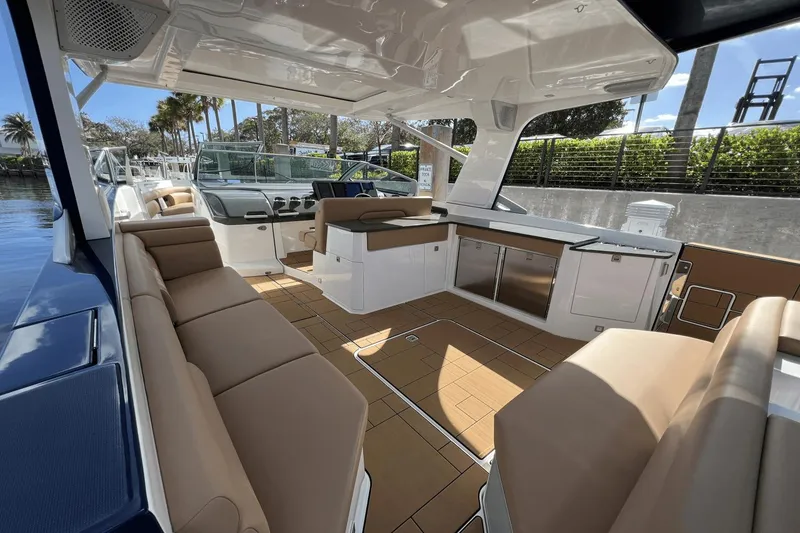 Slide: The Image of Luxurious interior of 2024 Aviara AV40 Outboard boat with spacious seating and modern amenities. - 12