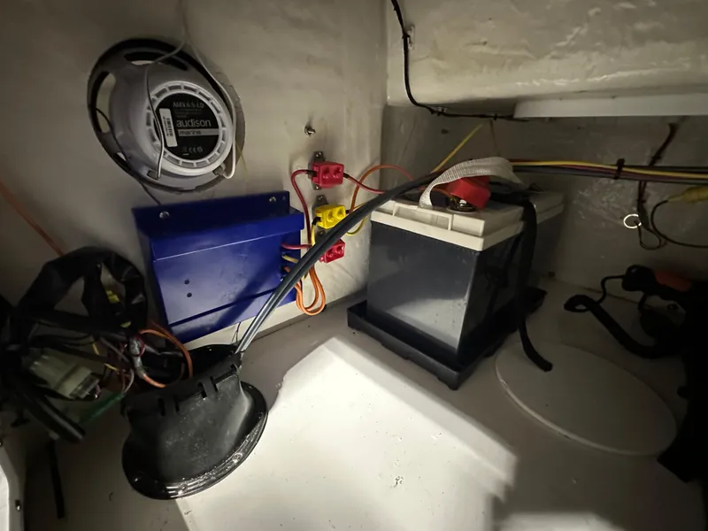 Slide: The Image of 2024 Sea Pro 172 Bay boat electrical components and battery setup. - 24