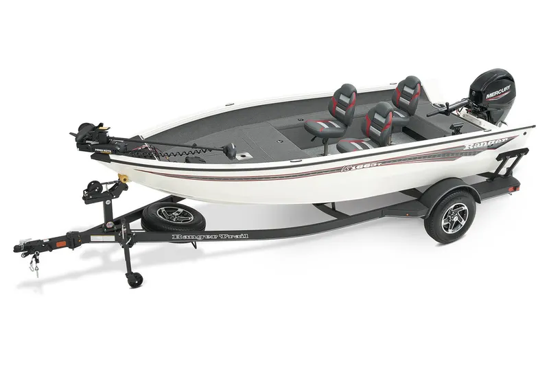 Slide: The Image of 2024 Ranger VS1665T boat on trailer, parked on a paved road. - 3