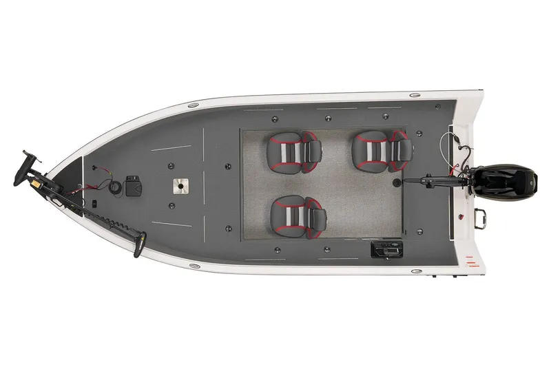 Slide: The Image of 2024 Ranger VS1665T boat interior with two seats and motor, parked on concrete. - 8