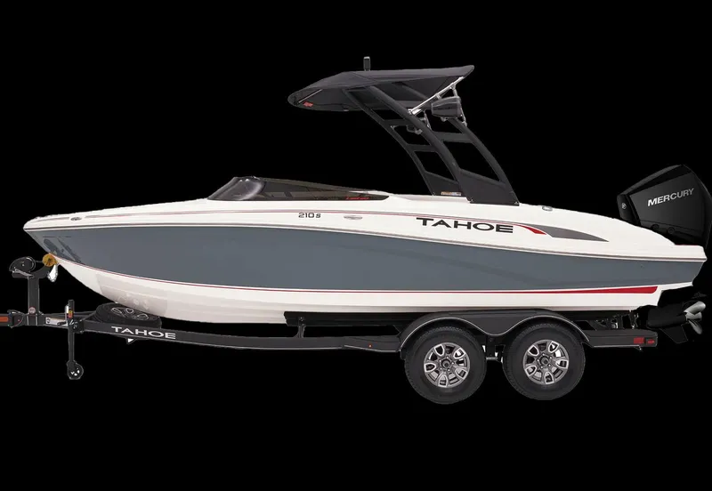 Slide: The Image of 2024 Tahoe 210 S boat on trailer, side view, black background. - 3