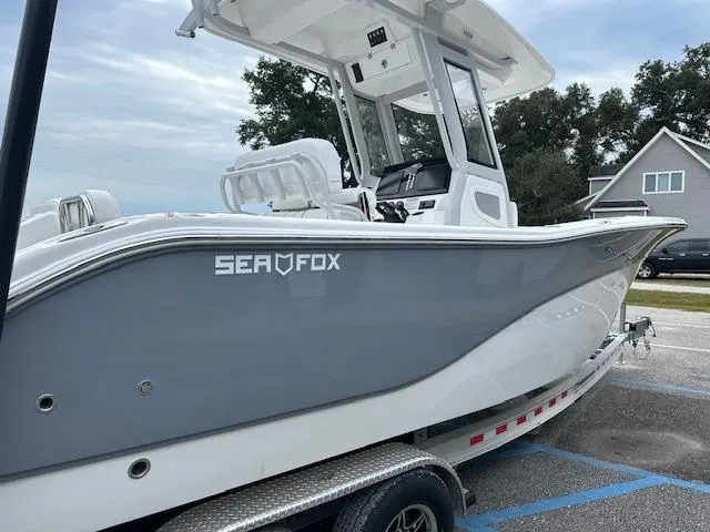 Slide: The Image of 2024 Sea Fox 268 Commander boat on a trailer, side view. - 5