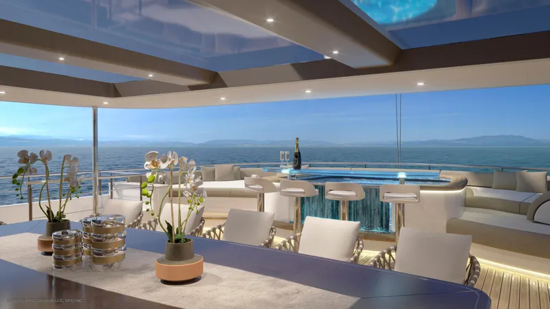 Slide: The Image of Luxurious yacht deck with elegant seating, bar, and ocean view; Dynamic Project Garfield 2024 model. - 10