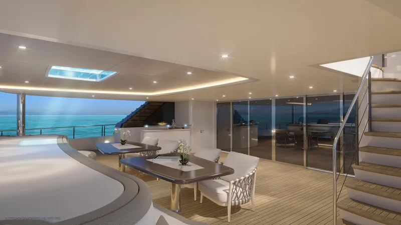 Slide: The Image of Luxurious yacht interior with modern design, featuring elegant seating and ocean views, Dynamic Project Garfield 2024. - 11