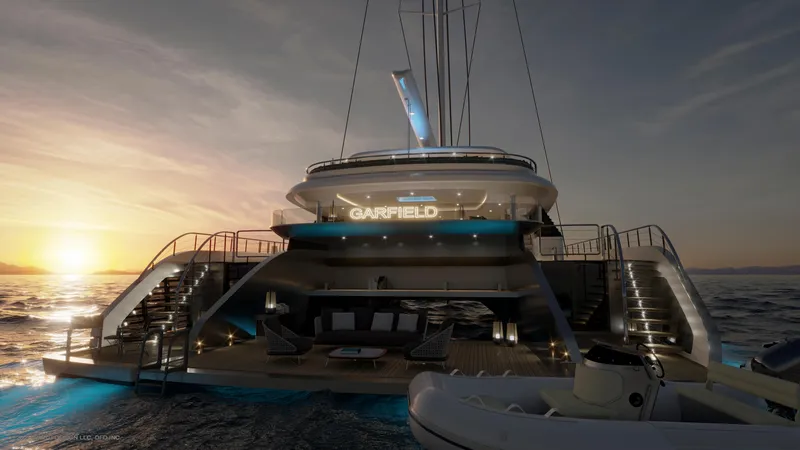 Slide: The Image of Luxurious 2024 Dynamic Project Garfield yacht at sunset, featuring elegant design and ambient lighting. - 12