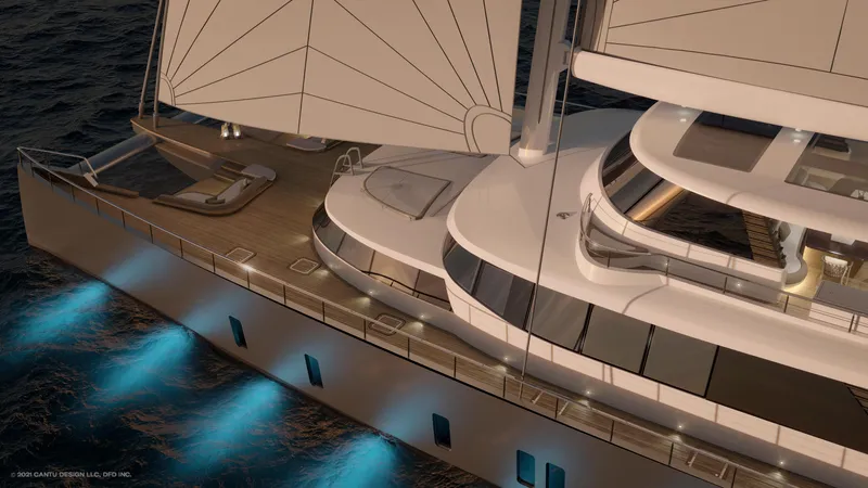 Slide: The Image of Luxurious 2024 Dynamic Project Garfield yacht with illuminated deck and sails at sea. - 13