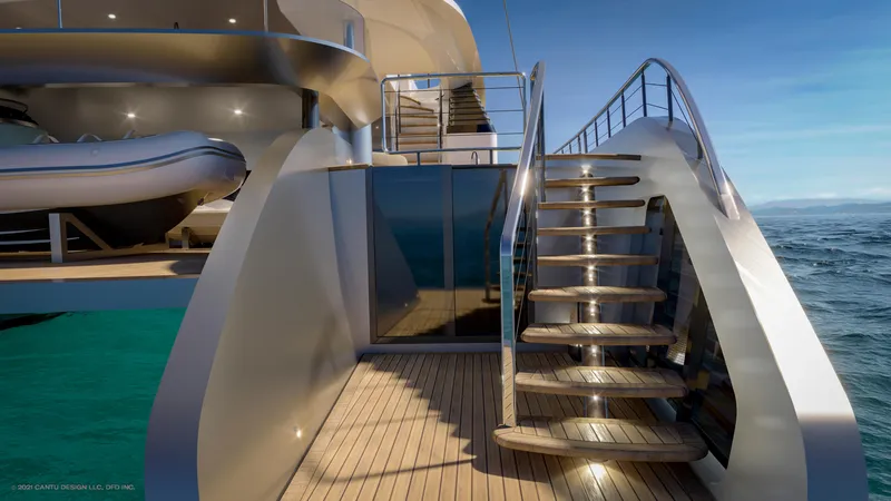 Slide: The Image of Luxurious yacht deck with elegant staircase, Dynamic Project Garfield 2024 model, overlooking serene ocean. - 4