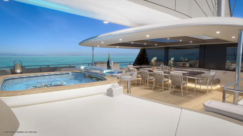 Slide: The Image of Luxurious yacht deck with pool and dining area, Dynamic Project Garfield 2024 model. - 5