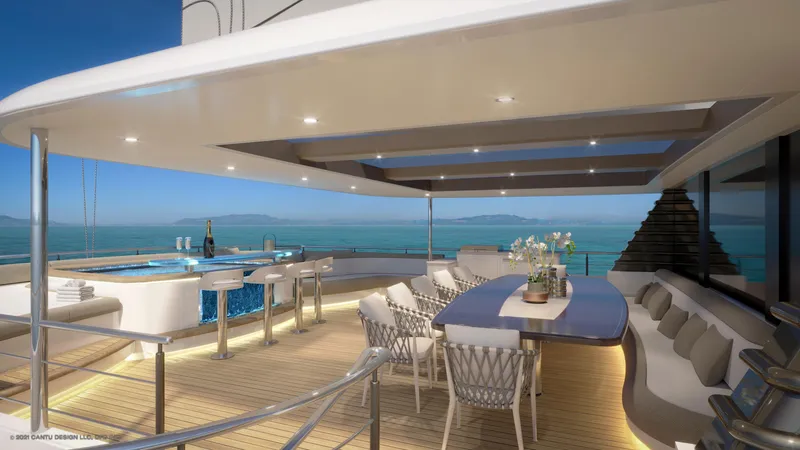 Slide: The Image of Luxurious yacht deck with dining area, hot tub, and ocean view, Dynamic Project Garfield 2024. - 6