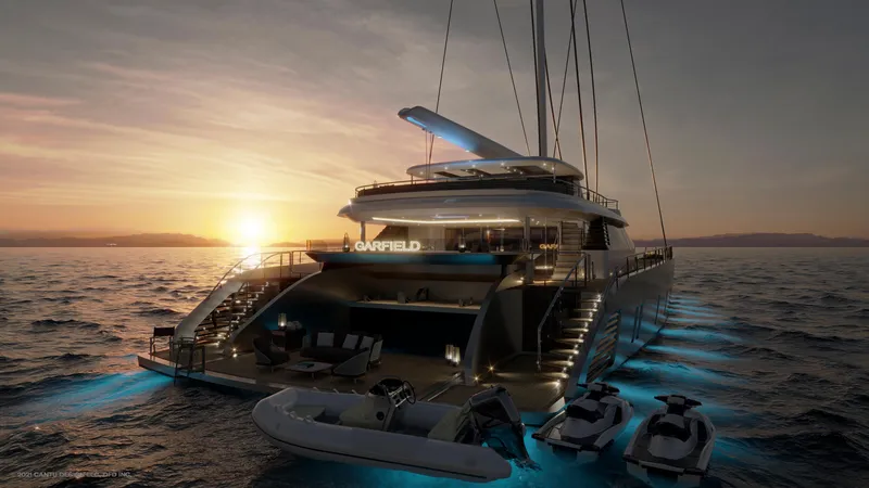 Slide: The Image of Luxurious 2024 Dynamic Project Garfield yacht at sunset, featuring sleek design and glowing underwater lights. - 7