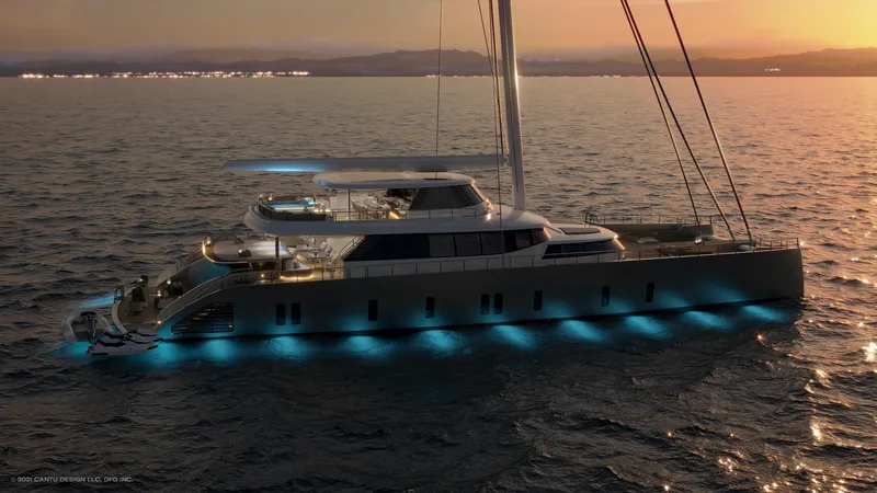 Slide: The Image of Luxurious 2024 Dynamic Project Garfield yacht illuminated at sunset on the ocean. - 8