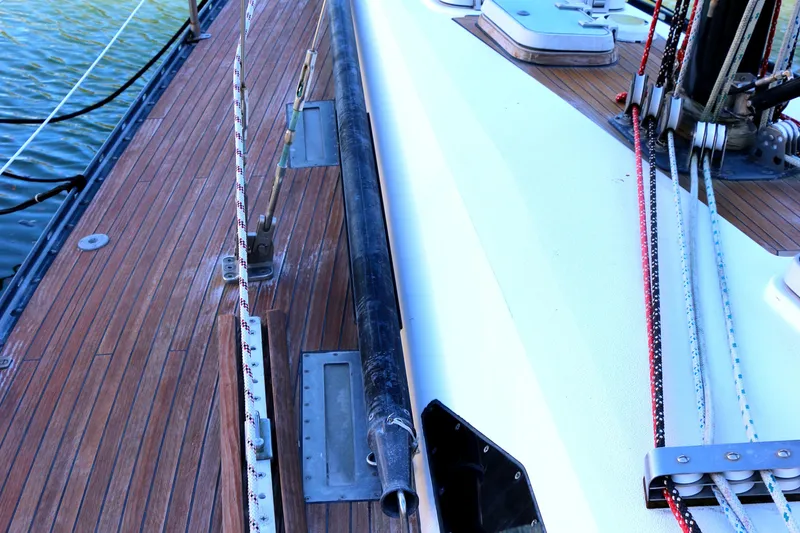 Slide: The Image of Baltic 35 sailboat deck, teak wood, rigging, and hardware, 1985 model. - 4